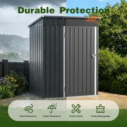 5 x 3 FT Outdoor Storage Shed, Waterproof Metal Garden Tool Shed with Sloped Roof, Lockable Door & Air Vents for Backyard Patio Lawn, Dark Gray