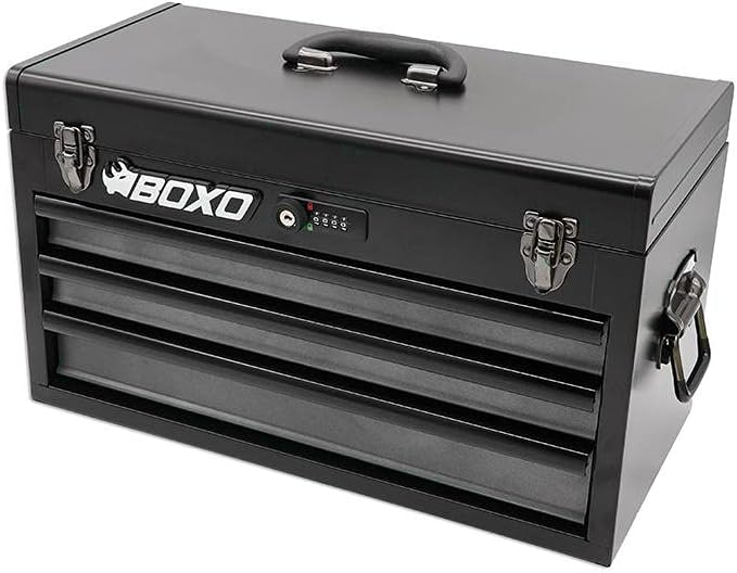 Boxo USA 3-Drawer Hand Carry Toolbox – Heavy Duty 20-Gauge Steel Portable Tool Box with Ball Bearing Drawers, Dual Key & Combination Lock, Powder-Coated Finish (Black)