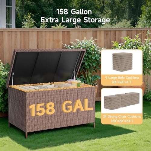 ONBRILL 158 Gallon XL Wicker Deck Box, Outdoor Patio Storage Box, Brown