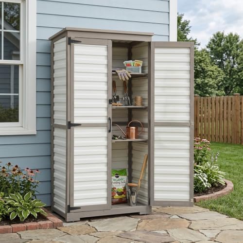 Outdoor Storage Cabinet, Wood & Plastic Garden Shed with Adjustable Shelves