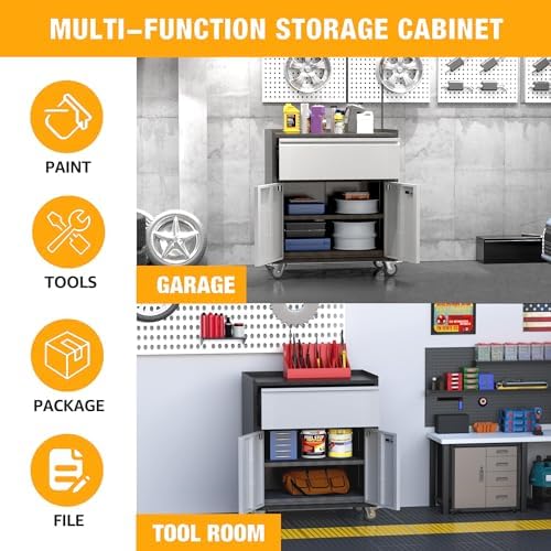Metal Garage Tool Storage Cabinet with 1 Drawer, Large Space Industrial Metal Storage Cabinet with Wheels and Doors,Locking Small Utility Chest for Home, Office and Garage