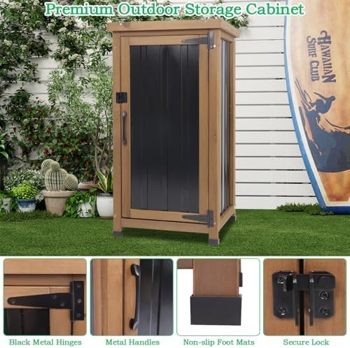 Small Outdoor Storage Cabinet Weatherproof, Wood Garden Potting Bench Table with Removable Shelves, Metal Top, Outdoor Cabinet Work Station for Patio, Backyard, Brown,17.9''x17.9''x33.5''
