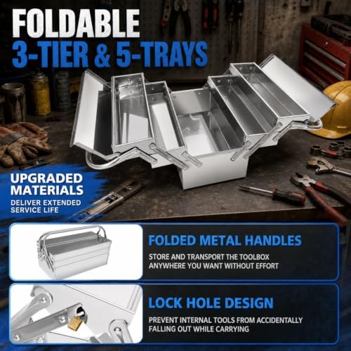 3 Tier Stainless Steel Tool Box Portable Folding Cantilever Tool Storage Organizer with 5 Trays Metal Toolbox for Home Garage Auto Repair Workshop Storage