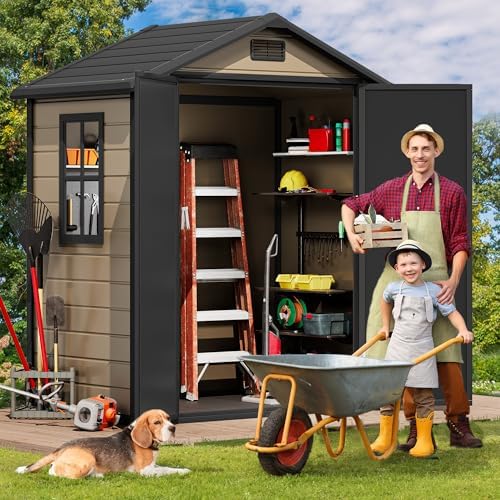 DWVO 6x4 FT Resin Outdoor Storage Shed with Floor, Windows & Vents