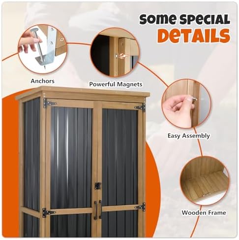 Outdoor Storage Cabinet with Shelves, Wood & Metal Storage Shed with Weatherproof Roof, Lockable Doors, Adjustable Feet, Outside Storage Cabinet for Garage, Patio (15.6" D x 32.3" W x 65.8" H)