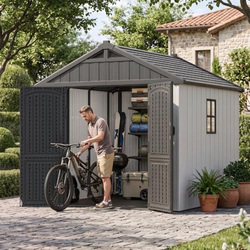 Greesum 8x8 FT Resin Outdoor Storage Shed with Floor, Beige