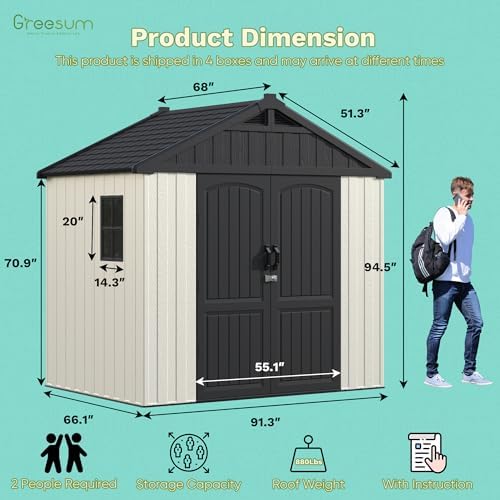 Greesum 8x6FT Plastic Outdoor Storage Shed with Floor, Resin Sheds, Beige
