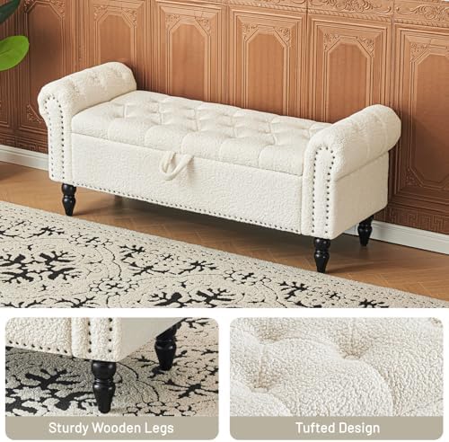 Furniliving Modern Storage Ottoman Bench, Sherpa Ottoman End of Bed Bench with Solid Wood Legs Upholstered Ottoman Benches with Storage Indoor Bench for Living Room with Rolled Arm, Entryway, White