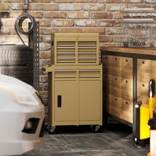 DREAMADE 5-Drawer Tool Chest Combo, Rolling Tool Cabinet w/Detachable Top Tool Box, Adjustable Shelves, Lockable Wheels, Metal Tool Box for Garage, Workshop, Repair Shop Storage (Yellow)
