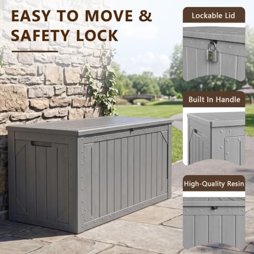 100 Gallon Outdoor Storage Box, Waterproof Large Resin Deck Box Lockable, Outside Storage Bin for Backyard Porch Patio Furniture Garden Tools, Grey
