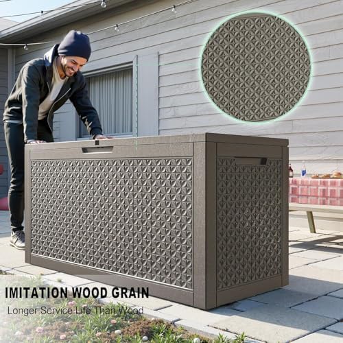 110 Gallon Outdoor Storage Box Waterproof, Resin Lockable Deck Box with Lid, Large Capacity Weatherproof Container for Patio Furniture, Side Table and Cushions(Grey, 110 Gallon)