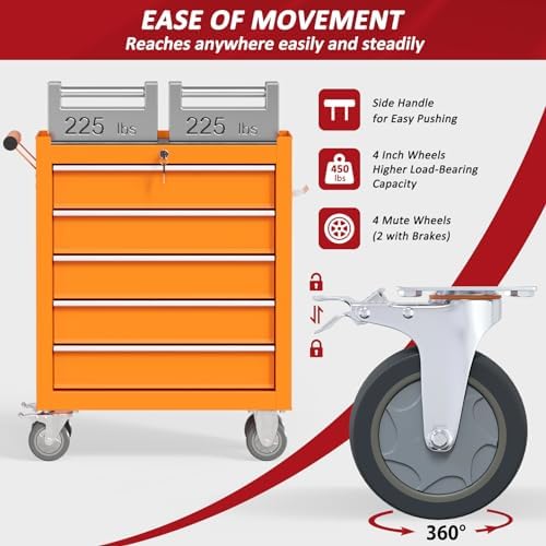 5 Drawers Rolling Tool Chest with Wheels, Portable Rolling Tool Boxes with Wheels, Tool Box Storage Cabinet with Locking System for Garage (Orange, 5 Drawers)