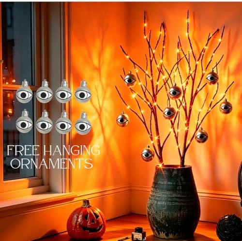 Hairui Lighted Halloween Tree Branches with Timer 32IN 100L Orange Fairy Lights, Black Twig Branch Lights Battery Operated or Indoor Outdoor Halloween Party Decoration