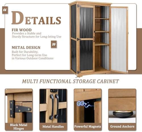 Outdoor Storage Cabinet, Wood & Metal Storage Shed with Weather-Resistant Roof, Removable Shelves, Lockable Doors, Outside Storage Tool Organizer for Garden, Patio, Backyard, Garage, Pool