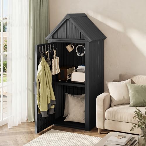 Fancyango Outdoor Resin Storage Cabinet Sturdy All-Weather Shed with Removable Shelves Lock Ring & Reinforced Floor – for Garden Patio Lawn (Black)