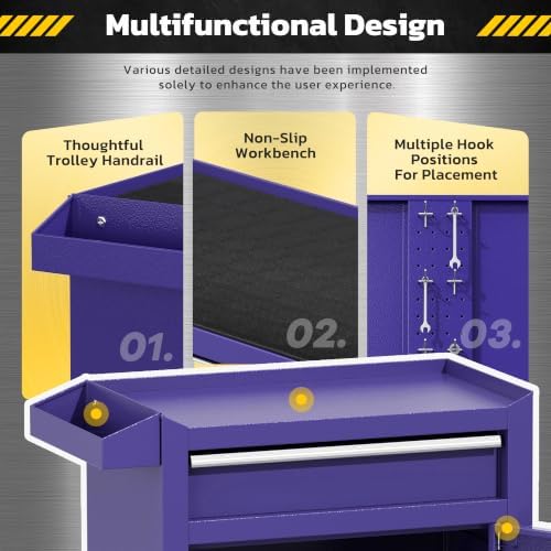 Greenvelly Tool Chest, 5-Drawer Rolling Tool Chest with Hooks and Lockable Wheels,Metal Storage Detachable Top Tool Box with Lockable Wheels for Garage,Workshop,Art Studio(Purple)
