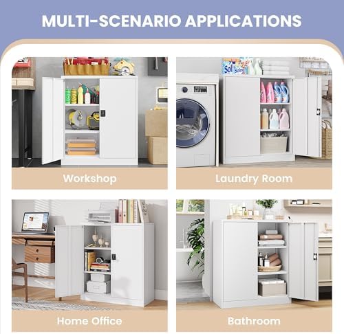 Metal Storage Cabinet，Garage Storage Cabinet with 2 Lockable Doors and 2 Adjustable Shelves, 36'' Steel Tool Cabinet for Garage, Office, Home, School(White)