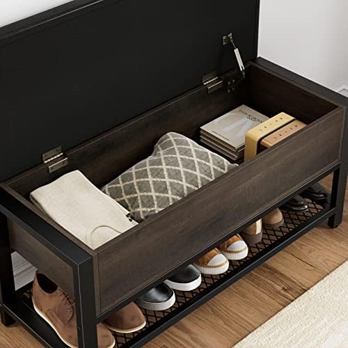 HOSTACK 40" W Storage Bench, Entryway Shoe Bench with Cushion, Dark Brown