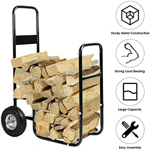 Goplus Firewood Log Rack Indoor Outdoor Fireplace Storage Holder Logs Heavy Duty Steel Wood Stacking Holder Kindling Wood Stove Accessories Tools Accessories (w/ 2 Wheels)