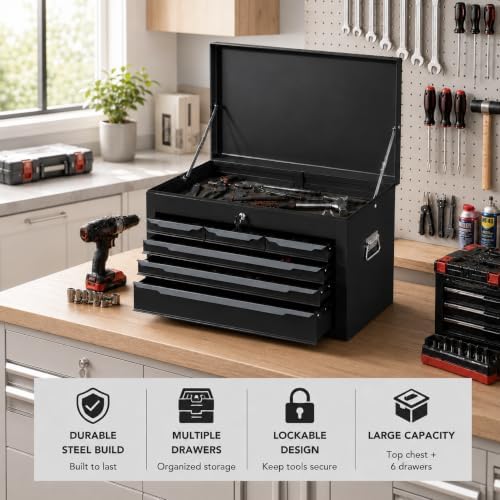 ARNOT Large Metal Tool Box, Tool Box with 6 Drawers & Top Tray, Heavy-Duty Steel Tool Chest with Auto-Locking Drawers and Side Handles for Garage & Workbench (Black)