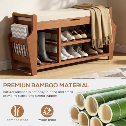 47.2in Shoe Bench Entryway - Bamboo Shoe Rack Bench with Storage, Shoe Rack
