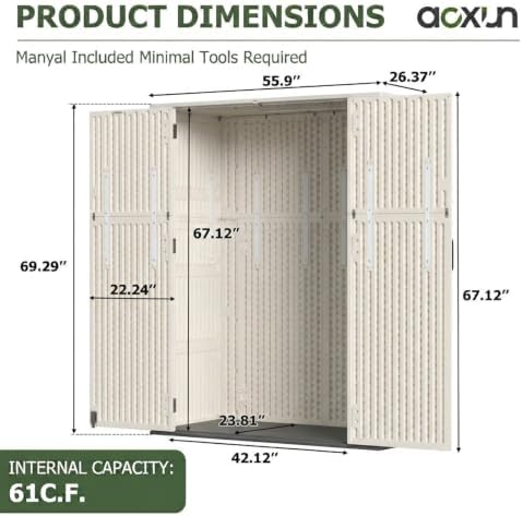 Aoxun 61 Cu.Ft Outdoor Storage Shed, Widened Outdoor Storage Cabinet Waterproof Vertical Resin Shed with Floor for Garden Tools, Pool Equipment, Easy to Assemble(Beige)