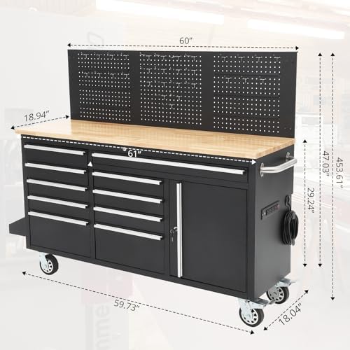 IDEALHOUSE 61-inch Rolling Tool Chest, 10 Drawers Garage Workbench Storage Tool Cabinet with Power Strip, Solid Rubber Wood Top, 1675 LBS Load Mobile Workstation, Heavy Duty Rolling Cabinet, Black