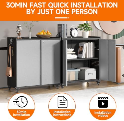 Metal Garage Storage Cabinet with Locking Doors and Adjustable Shelves,34.3" H Small Rolling Tool Storage Cabinet,Lockable Metal Tool Cabinet on Wheels for Garage, Warehouse, Barbershop-Black Gray
