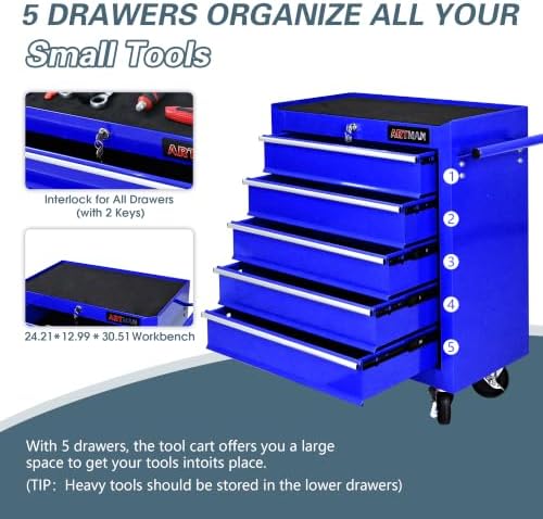 5 Drawers Rolling Tool Chest on Wheels, Multifunctional Tool Cart Tool Storage, Drawers Rolling Tool Trolley Organizer Tool Case for Garage,Warehouse,Workshop,Repair Shop (5 Drawers-Blue)