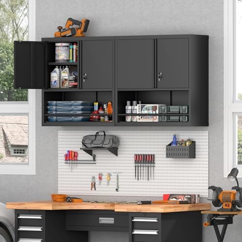 Metal Garage Cabinets, Lockable Storage Cabinet, Metal Cabinet with Open Storage, Upper Tool Cabinet for Basement, Wall Mounted Cabinets for Shop