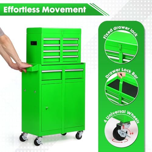 Dawmilon 5-Drawer Rolling Tool Chest, 2-in-1 Tool Box Organizer with Lockable Wheels, Sliding Drawers, and Detachable Top, Garage Workshop Tool Storage Cabinet, Green