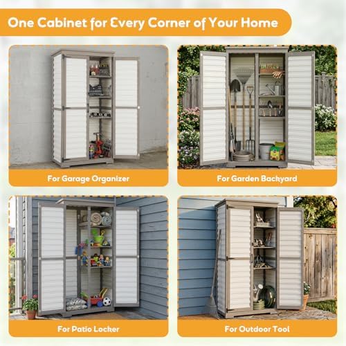 Outdoor Storage Cabinet, Wood & Plastic Garden Shed with Adjustable Shelves