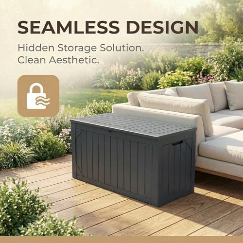 100 Gallon Outdoor Storage Bench - Waterproof Deck Box with Lock, UV Resistant Resin, Patio Furniture & Garden Tool Organizer, 400lb Capacity, Easy Assembly (Grey, 1 Pack)