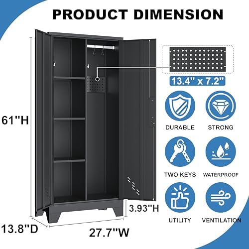 61" Metal Storage Cabinet with Lockable Door&Pegboard,Broom Closet Cabinet