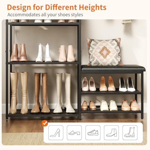 Shoe Rack Bench Shoe Rack for Entryway, Cushioned Entryway Shoe Storage with 2 Drawers & 5-Tier Organizer, Metal Frame Wood Top Narrow Space-Saving Hallway Organizer for Closet & Front Door