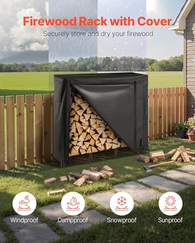 VEVOR Firewood Rack with Waterproof Cover, 4 ft Outdoor Firewood Holder, 1/4 Cord Storage Metal Log Holder, 400lb Max Weight Capacity, Full Covered, Powder-Coated Wood Storage Rack for Fireplace Deck