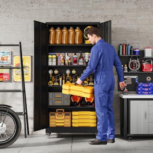 Metal Garage Storage Cabinet with Locking Doors and Adjustable Shelves, Wide & Deep Garage Cabinet on Wheels, 74.5" Rolling Tool Cabinet for Garage, Basement, Home Office