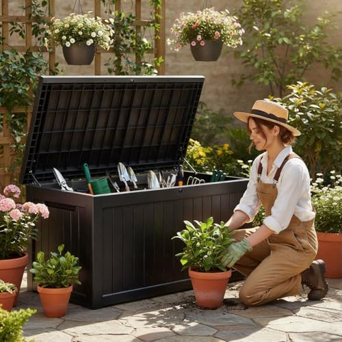 269 Gallon Large Outdoor Storage Box, Waterproof Deck Box with Lockable Lid, Resin Outside Storage Box for Patio Furniture, Pool Accessories, Garden Tools, Storage Bench for Backyard, Porch, Black