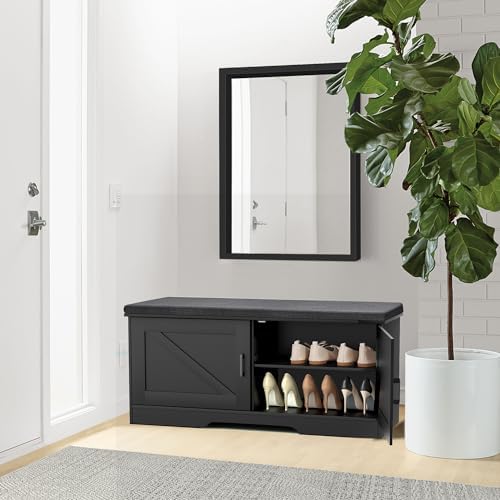 HOMSHO Farmhouse Shoe Storage Bench with 2 Barn Doors & Padded Seat Cushion