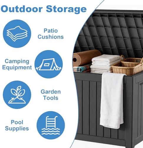 Outdoor Waterproof Resin Storage Deck Box Lockable Outside Bench UV Resistant Bin Patio Porch Furniture Pool Float Garden Tool Cushion (Black, 280 Gallon)