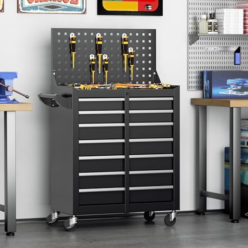 Greenvelly 7-Drawer Rolling Tool Chest with Pegboard, Pre-Assembled Metal Tool Box with Drawers, Tool Storage Cabinet with Wheels for Garage, Workshop, Repair Room (Black)