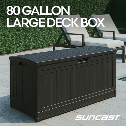 Suncast 80 Gal, Large Outdoor Patio Deck Box, Pad-Lockable Lid, Iron Ore