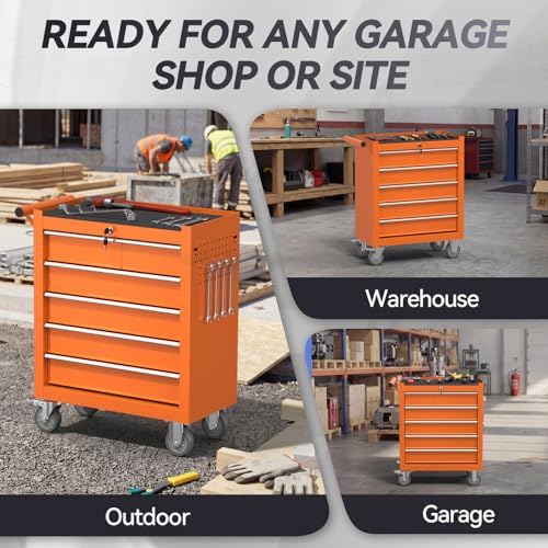 5-Drawer Rolling Tool Chest with Wheels, Metal Tool Storage Cabinet with Lock&Keys and Swivel, Toolbox with drawers, Tool Box for Warehouse,Garage, Repair Shop, Workshop (Orange, 5-Drawer)