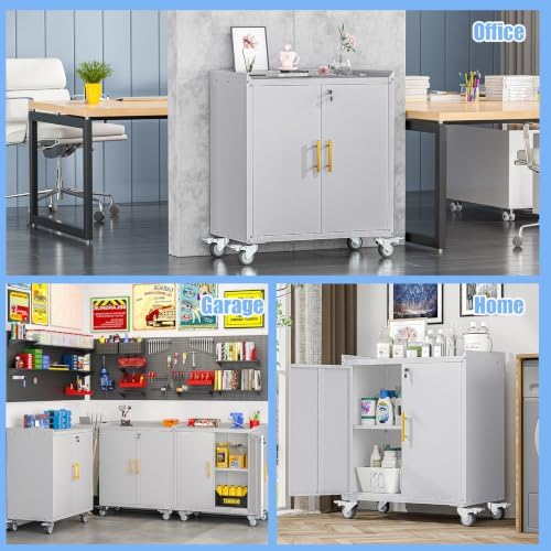 35.6" Rolling Metal Garage Storage Cabinet with Wheels & Lock, Grey White