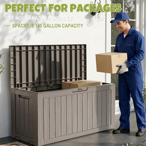 145 Gallon Outdoor Storage Box Waterproof Deck Box with Wheels, Grey
