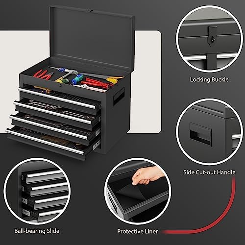 Rolling Tool Chest, 5-Drawer Tool Storage Cabinet with Wheels, Adjustable Shelf & Anti-Slip Liner, Tool Box Organizer for Garage, Warehouse & Workshop (Black)