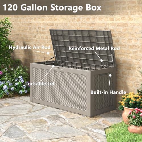 120 Gal Outdoor Storage Box Waterproof Lockable,Deck Box,Gas Lift,Grey