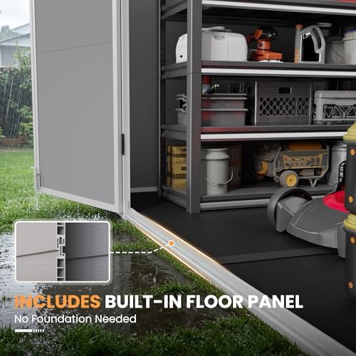 Amopatio 8X12 FT Resin Storage Shed with Floor Included, Plastic Outdoor Shed with Lockable Door, Window & Vents, for Lawnmower, Garden Tools, Pool Supplies, Grey & White