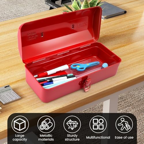 Large Metal Tool Storage Box with Handle for Workshop,15 inches Portable Tool Case with Lid，Locking Organiser Box for Hardware Part(red)
