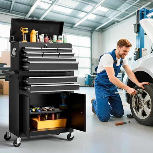 10-Drawer Rolling Tool Chest with wheels, Lockable 2-in-1 Tool Box